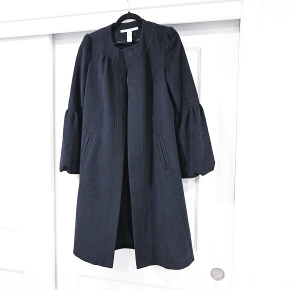 Diane von Furstenberg Size 6 Navy Wool Puff Sleve Midi Pea Coat - Picture 3 of 9